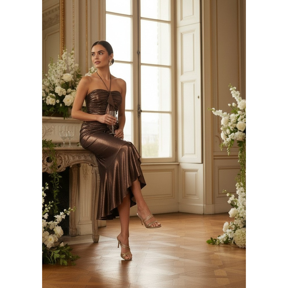 NWT Adrianna Papell Women’s Size 12 Metallic Bronze Halter Gown - Picture 3 of 3
